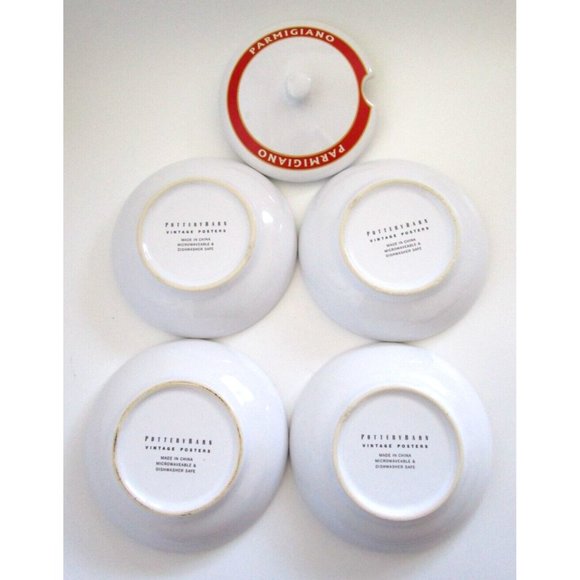 Pottery Barn Parmigiano Olio D'Oliva Bowl Set "Vintage Posters" Dip 4 Bowl/1 Lid - Picture 9 of 15